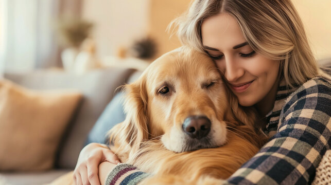 Linda mulher abraçando cachorro Golden no sofá em casa 