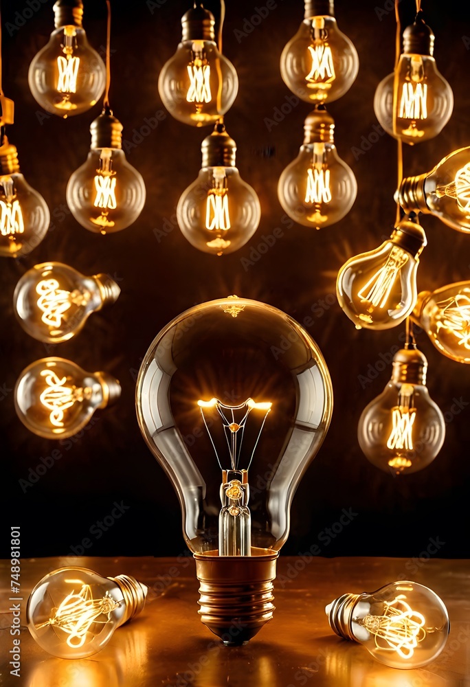 Poster an array of lightbulbs hangs over a wooden backdrop, with one bulb in sharp focus and brightly lit. 