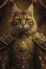 A cat dressed in armor with a golden crown.