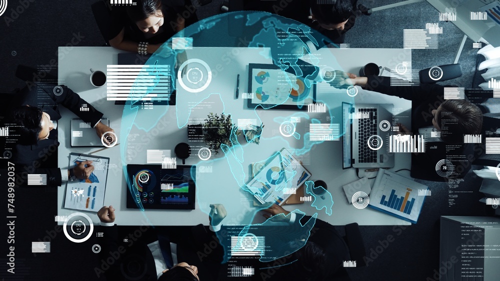 Aufkleber top down aerial view of skilled business team listening manager present global networking system whi