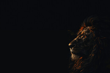 tête de lion, roi des animaux et de la savane africaine. Faiblement éclairée, gueule de profil sur fond noir avec espace négatif pour texte, copyspace.
