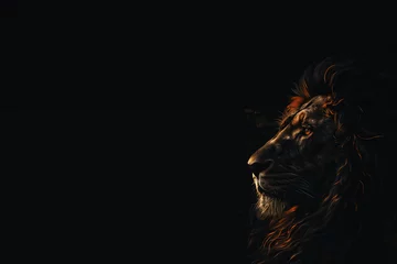 Foto op Canvas tête de lion, roi des animaux et de la savane africaine. Faiblement éclairée, gueule de profil sur fond noir avec espace négatif pour texte, copyspace. © Noble Nature