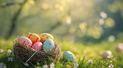 A natural nest filled with colorful, patterned Easter eggs rests on a woodland floor, surrounded by vibrant spring flowers and fresh greenery, bathed in the warm, golden light of a setting sun.