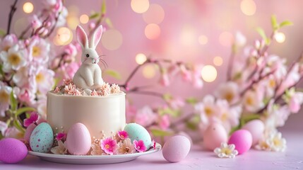 A beautifully decorated Easter cake sits on a table, adorned with a charming white bunny topper. Pastel-colored eggs and delicate spring flowers surround the cake, against a backdrop of soft