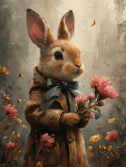 A whimsical illustration captures a rabbit standing upright and donning a textured, red knit sweater. Gazing off to the side, the rabbit holds a bouquet of pink flowers tied