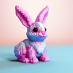 This depicts a vibrant, pink and blue toy bunny constructed from interlocking building blocks, posed against a soft pastel blue and pink gradient backdrop. 
