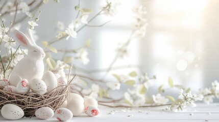 Traditional Easter  Surrounded by Pastel Eggs and Cherry Blossoms on white Background