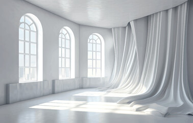 Empty room interior with large windows, a concrete floor, white walls and ceiling with an original decoration in it. 3d rendering mock up toned image
