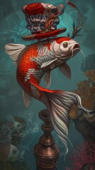 A fish with a top hat on its head. Surreal illustration with steampunk and wild west elements.