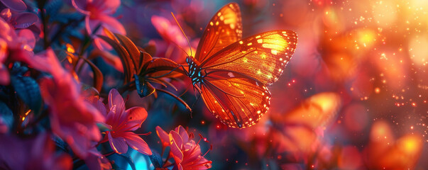 Holographic butterflies fluttering in a surreal forest of neon blooms