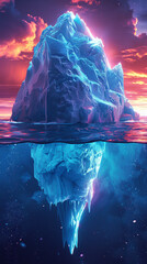 Holographic icebergs floating in surreal warm oceans defying natures laws with their luminous presence - obrazy, fototapety, plakaty