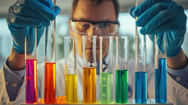 male scientist are engaged in scientific activities, in front of them are test tubes with different color liquid
