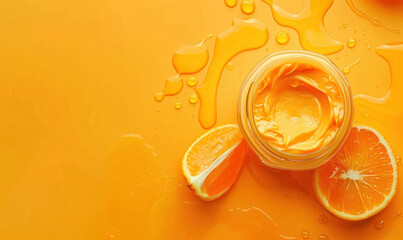vibrant orange vitamin c skincare cream with fresh orange slices and droplets on yellow background, free space for text