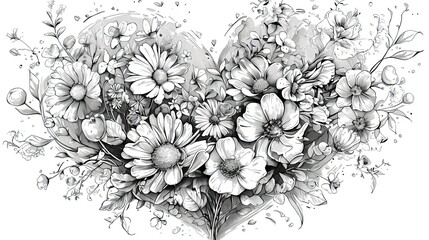 A heart-shaped bouquet of various flowers, depicted in a monochrome sketch style - obrazy, fototapety, plakaty