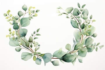green eucalyptus leaves floral wreath watercolor illustration copy space center. Florist salon, beauty parlor, manicure or flyer template mockup. - obrazy, fototapety, plakaty