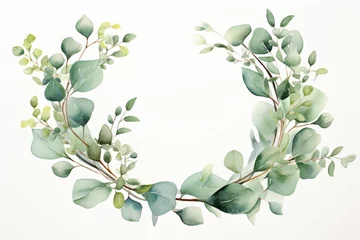 Foto op Plexiglas green eucalyptus leaves floral wreath watercolor illustration copy space center. Florist salon, beauty parlor, manicure or flyer template mockup. © Dina