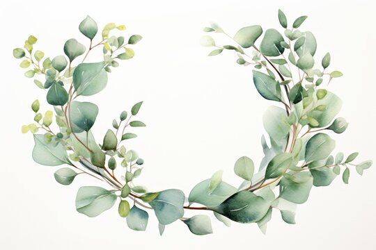 green eucalyptus leaves floral wreath watercolor illustration copy space center. Florist salon, beauty parlor, manicure or flyer template mockup.