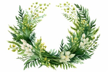 Fototapeta na wymiar green thuja easter spring floral wreath with white flowers watercolor illustration with copy space center