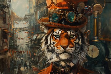 A painting of a tiger wearing a top hat. Surreal illustration with steampunk and wild west elements.