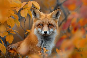 Fluffy red fox in the middle of the autumn forest