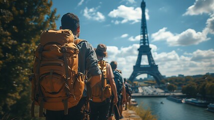 a group of people with backpacks are walking towards the eiffel tower in paris - obrazy, fototapety, plakaty