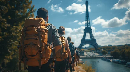  a group of people with backpacks are walking towards the eiffel tower in paris © yuchen