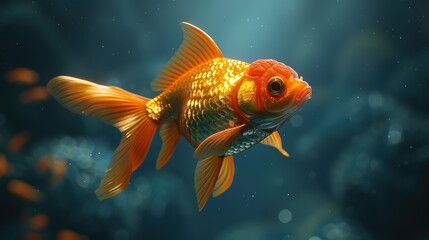 A detailed view of a cute tropical goldfish swimming gracefully in an aquarium. A goldfish is elegantly swimming in dark water, gracefully moving its fins and tail as it navigates the tank