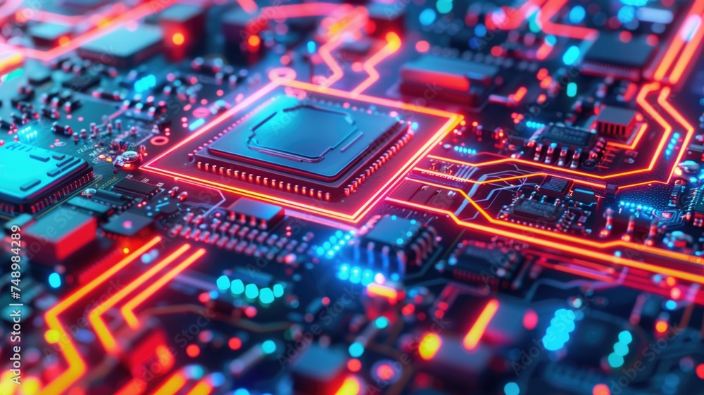 Poster vibrant microchip circuitry showcasing technology's complexity