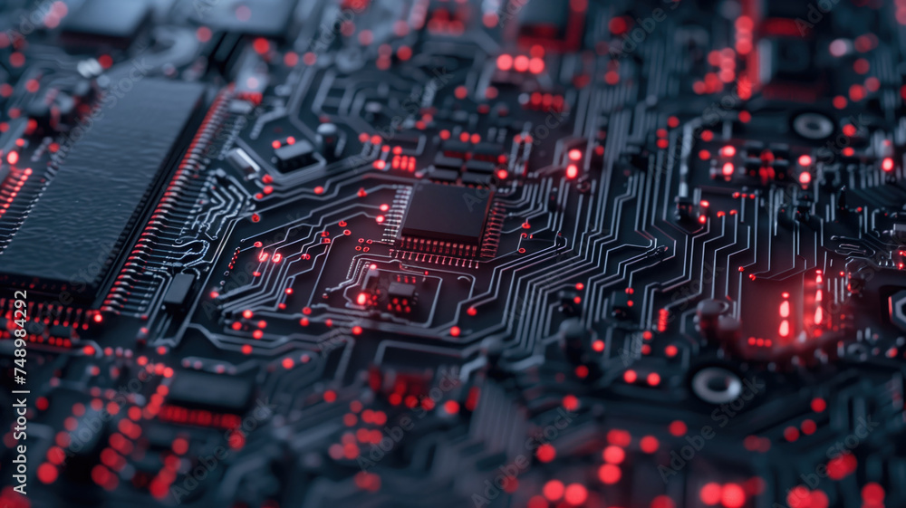 Poster a close-up of a circuit board with red backlighting highlighting intricate electronic components