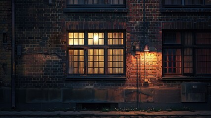 Warmly lit window of a brick building at dusk - obrazy, fototapety, plakaty