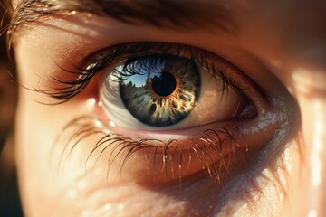 beautiful female blue eye closeup in the morning at sunshine. Vision and beauty. 