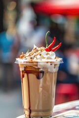 A cold brew coffee drink topped with fluffy whipped cream, chili flakes and a spicy chili pepper with blurred outdoor market behind