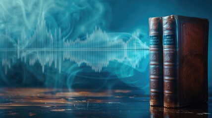 Vintage books with sound waves on wooden surface