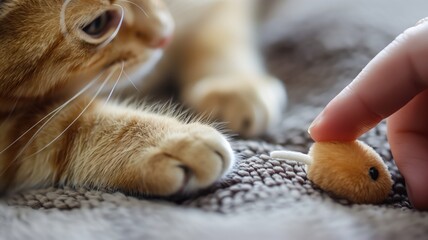 Ginger cat pawing at a toy mouse on a textured rug