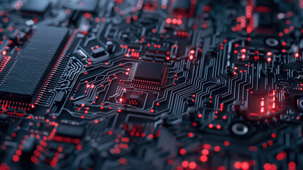 A close-up of a circuit board with red backlighting highlighting intricate electronic components