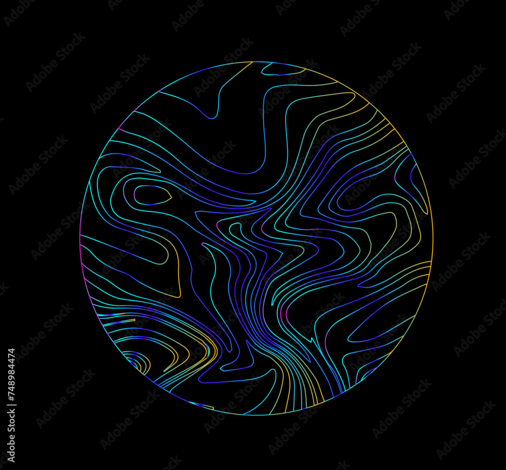 Poster neon holographic circle with warped and glitched texture of lines.