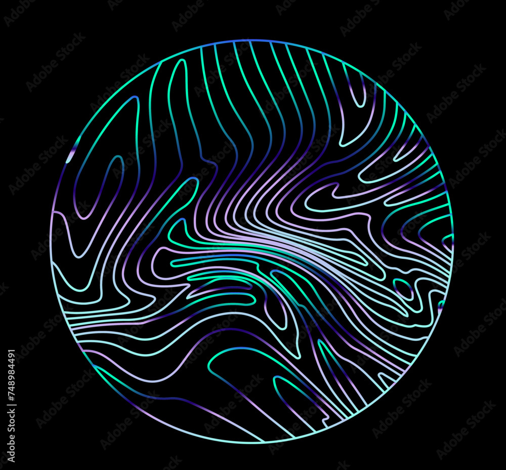 Aufkleber neon holographic circle with warped and glitched texture of lines.