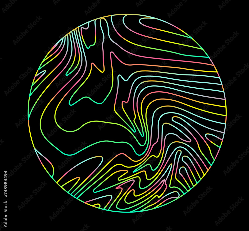 Aufkleber neon holographic circle with warped and glitched texture of lines.