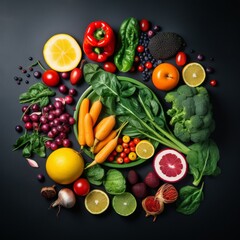 Healthy eating fresh ingredients isolated on black background in round shape or circle. Vegetables, berries and fruit from Mediterranean diet.