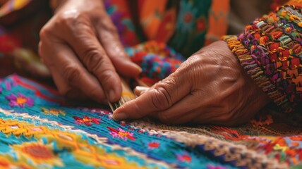 Elderly hands sewing colorful traditional fabric
