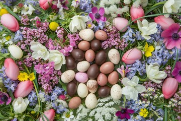 Fototapeta na wymiar A Colorful Array of Chocolate Easter Eggs Nestled Amongst Spring Flowers, Signifying the Joy and Renewal of the Season