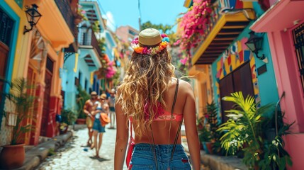 A woman in a hat and flower crown strolls down a vibrant street