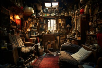 interior of home or garage of a hoarder. Hoarding problem. Mental disorder. 