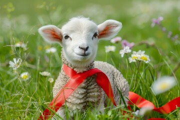 A Fluffy White Lamb in a Lush Green Meadow, Adorned with a Bright Red Ribbon Around Its Neck, Celebrates Easter
