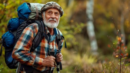 Fototapeta premium Senior man with backpack hiking in the mounting