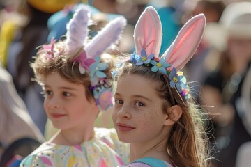 A Whimsical Easter Parade: Children and Adults Alike Donning Bunny Ear Headbands and Colorful Spring Accessories