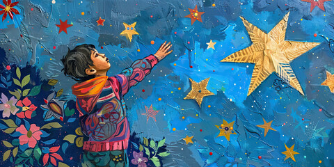 Person with down syndrome reaching for the stars illustration.