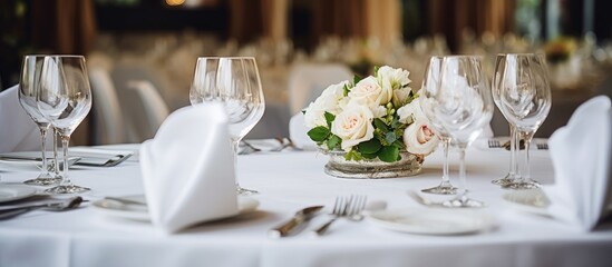 A close-up view of a banquet table set in a luxury restaurant. The table is covered with a pristine white tablecloth and adorned with matching white napkins. - Powered by Adobe