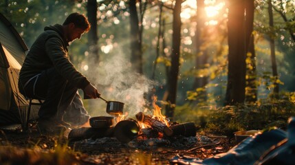 Man cooking on the bonfire in the forest, camp tent on the background with sunrise - obrazy, fototapety, plakaty