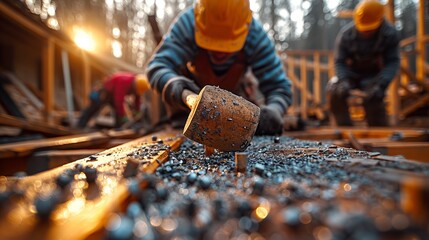A bluecollar worker is using a hammer to drive a nail into a piece of wood - obrazy, fototapety, plakaty